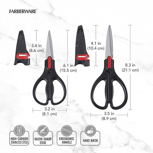Farberware All Purpose and Utility scissors with Edgekeeper Sharpening Sheaths, Strong and Durable Multi Use Scissors, 2-Piece, Black/Red