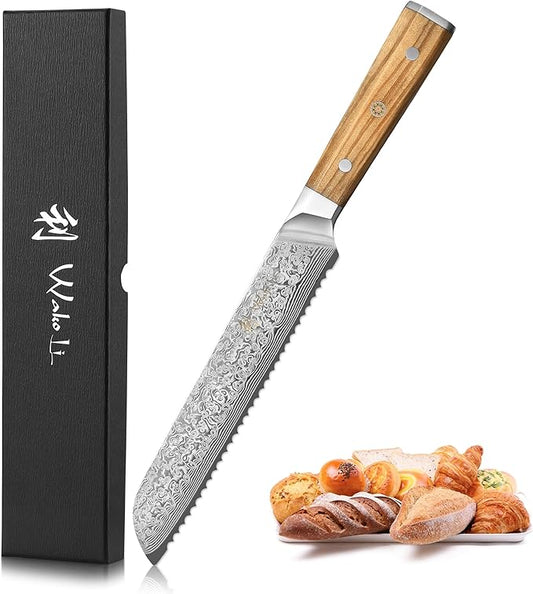 Wakoli Oribu Bread Knife – Full Tang Damascus Knife | 8-Inch Serrated Blade Made of 67-Layer Damascus Steel with AUS-10 Core | Ergonomic Olive Wood Handle | Professional Quality & Sharpness