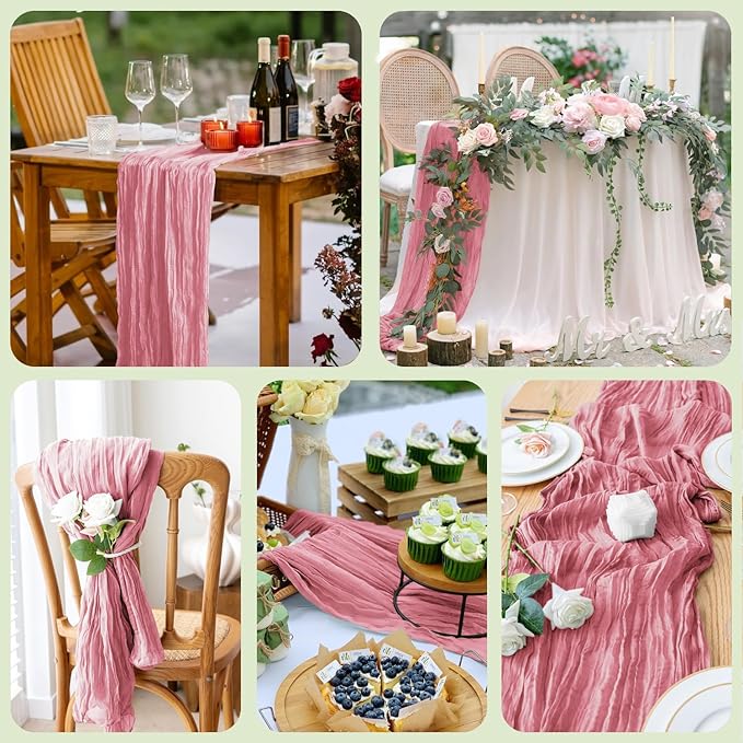 Wokceer Cheesecloth Table Runner 12Pack 10FT Dusty Rose Boho Gauze Cheese Cloth Table Runner for Party Long Rustic Sheer Table Runners for Baby Bridal Shower Wedding Easter Table Decor