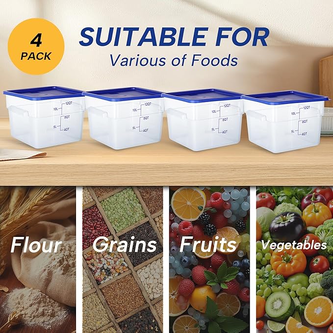 STEELUS 4 Pack 12 Quart Food Storage Containers with Lids, Polycarbonate Square Commercial Food Containers, NSF, Clear, New Version
