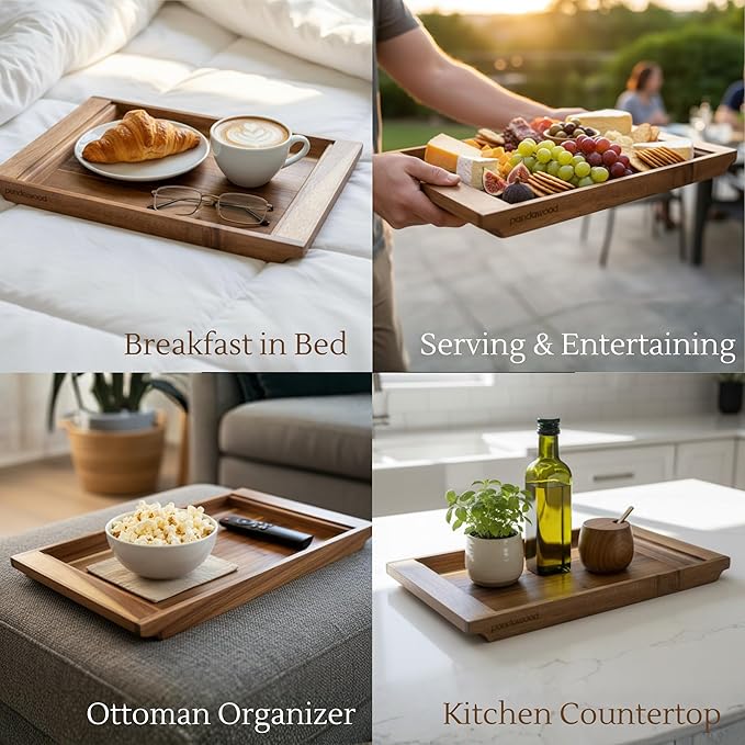 Acacia Wood Serving Tray - Large Wooden Tray for Ottoman - Rectangle Coffee Table Tray - Wooden Decorative Tray for Kitchen Counter, Dining Table, Breakfast - 15.7x11 (Japandi)