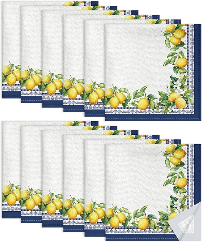 Spring Summer Lemon Napkins, 18×18 Inch Dinner Cloth Napkins Set of 12, Washable Cotton Soft Absorbent Square Napkins for Dining Kitchen Party Wedding Decoration