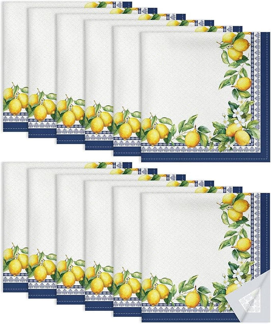 Spring Summer Lemon Napkins, 18×18 Inch Dinner Cloth Napkins Set of 12, Washable Cotton Soft Absorbent Square Napkins for Dining Kitchen Party Wedding Decoration