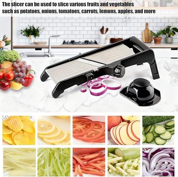 Mandoline Food Slicer for Kitchen, Adjustable Stainless Steel Mandoline Vegetable Slicer, Onion/Potato Slicer/French Fry Cutter, 6-Piece Fruit & Vegetable Cutting Set (Black/Silver)