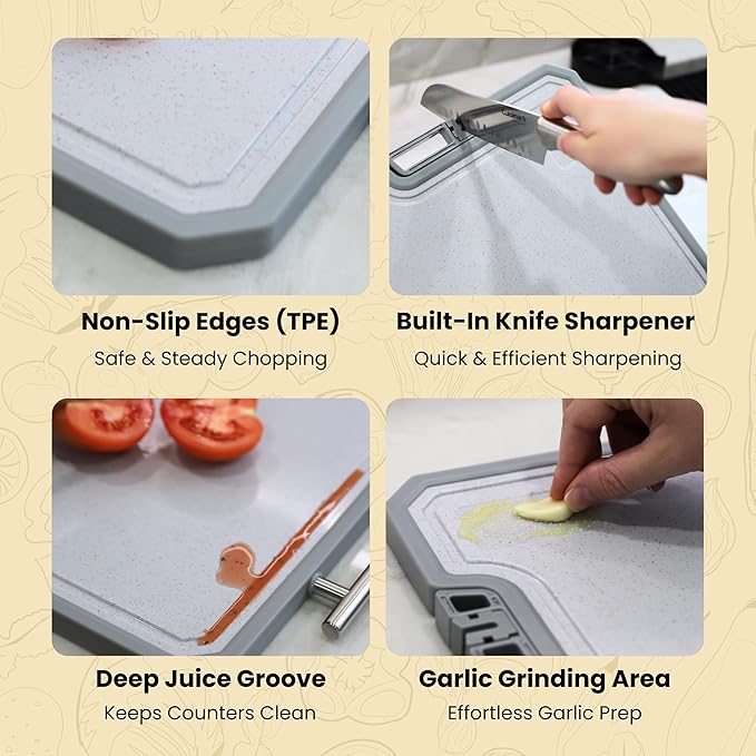 MUGAA Stainless Steel Cutting Board Set, Double-Sided 304 Stainless Steel & PP, Built-In Knife Sharpener, Non-Slip Juice Groove, Dishwasher Safe Steel Cutting Boards For Kitchen, Medium & Large
