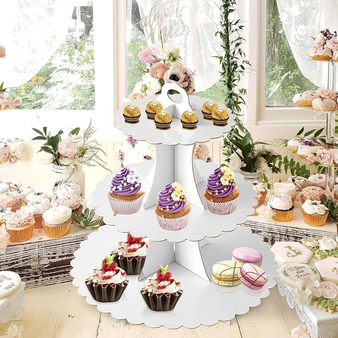 Soleebee 3-Tier Cupcake Stand, Cardboard Cupcake Tower, Dessert Cup Cake Stand Tower for Birthday Wedding Party Decoration, Cupcake Tier Stand 1 Set (White)