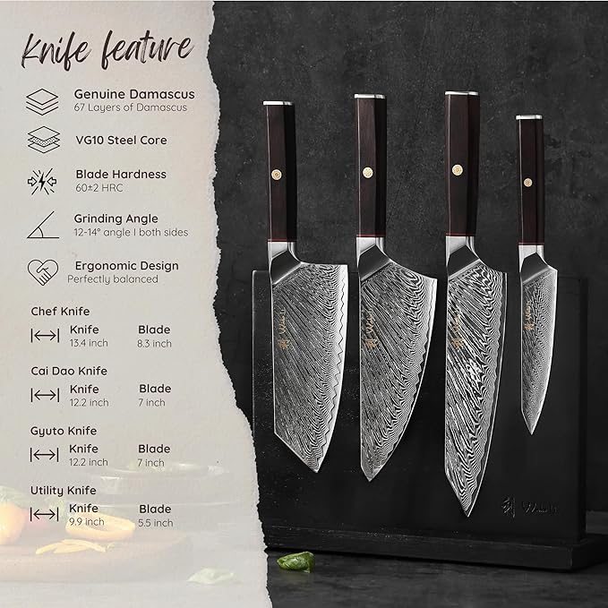 Wakoli Culinary Asia Damascus 4-Piece Knife Block Set with Magnetic Block – Professional Kitchen Knives made of 67-Layer Damascus Steel Blades & VG10 Core – Ergonomic Dark Oak Wood Handles in Gift Box