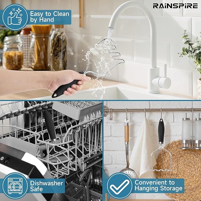 Rainspire Potato Masher Stainless Steel, Mashed Potato Masher Kitchen Tool, Durable Mash Potatoes Masher, Soft Non-slip Handle, Kitchen Utensils, Kitchen Gadgets (Black)