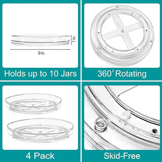 Sorbus 9 Inch Flat Clear Lazy Susan Organizer, Turntable Organizer for Spice Organization for Cabinet, Lazy Susan Turntable for Kitchen, Home, Office, Closet, Laundry Room Organization (4-Pack)