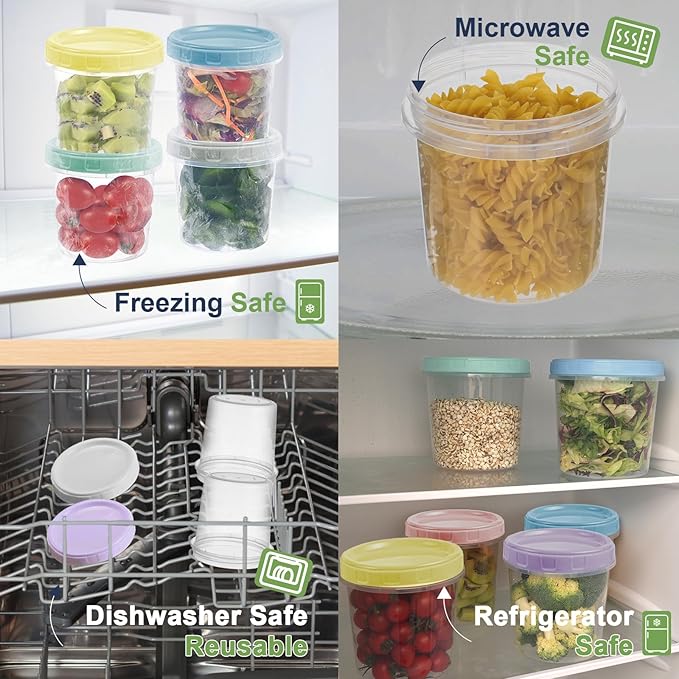 6 Piece 16 oz Plastic Food Storage Containers with Lids, Reusable Freezer Storage Containers, Meal Prep Containers with Pen and Brush, BPA-Free, Screw Top, Microwave & Dishwasher Safe