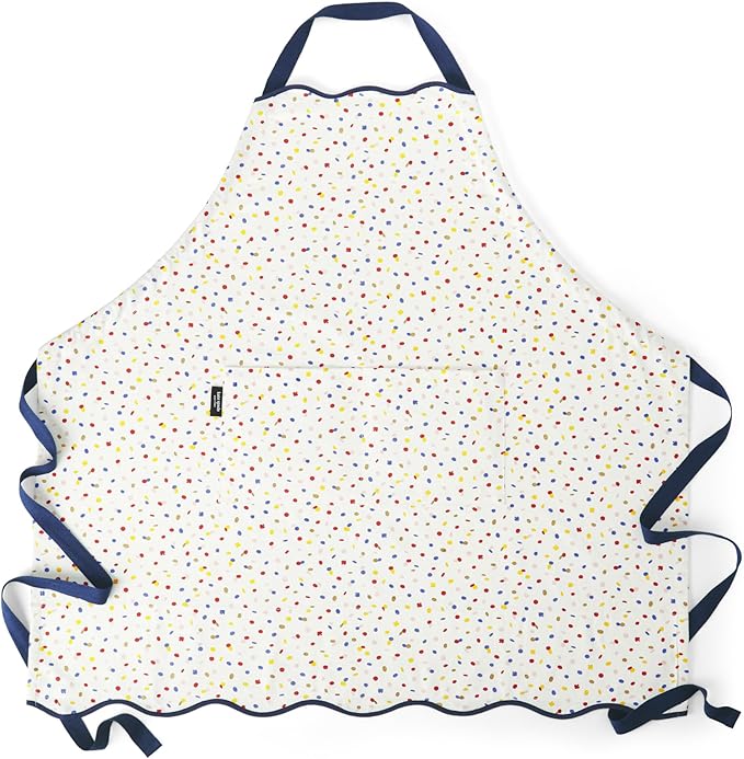 Kate Spade New York Sparkling Confetti Kitchen Apron, 100% Cotton with Adjustable Neck Tie, "Stir Up Trouble" Print, Metallic Accents, Double Pockets, Machine Washable, White, 33"x33"