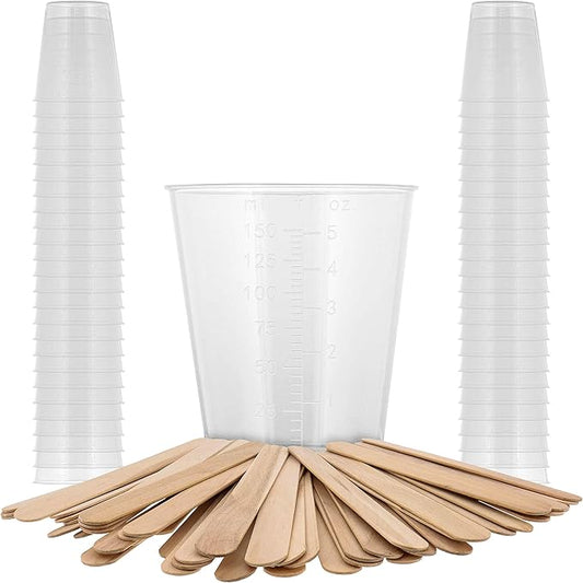 Pouring Masters 5 Oz (150 ml) Liquid Measuring Cups - Plastic Graduated Cup (50 Pack) with 25 Sticks - Reusable Mixing Cups for Paint, Craft, Kitchen, Lab, Medical Supplies, Epoxy Resin, Art