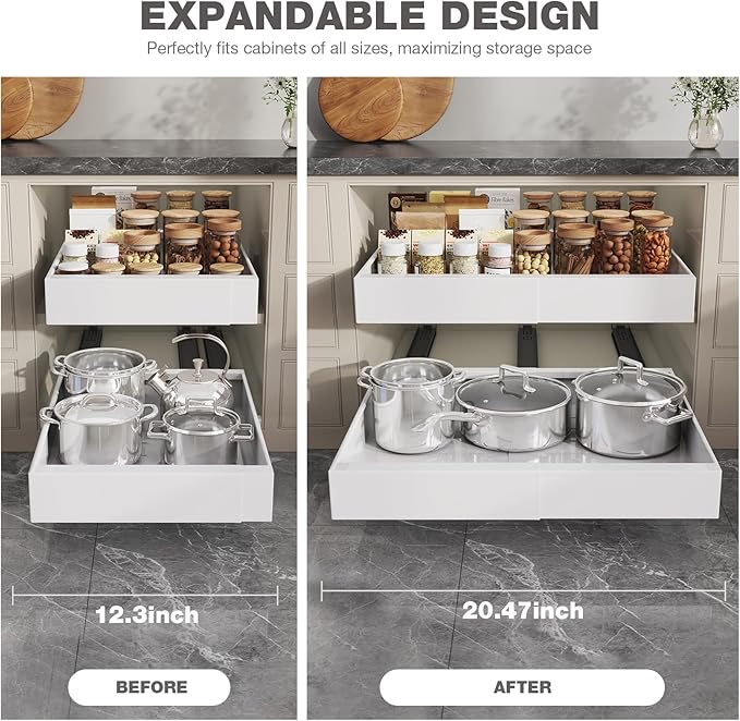 2 Pack Pull Out Cabinet Organizer 19" Deep,Full Extension 3 Slide Rails Slide Out Drawers With Raising Pad for Framed Cabinets,Expandable Width (12.3"-20.5"),No Drill Roll Out shelf,White