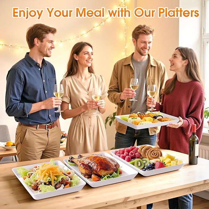 10-Pack Serving Tray, Serving Platter for Parties, Entertaining, Camping & Food Display, Reusable & Stackable Plastic Trays in Kitchen, Rectangular Food Platters for Cookie, Appetizer(White)