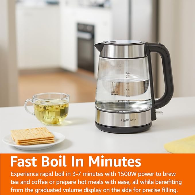 Amazon Basics Electric Kettle with Glass Carafe for Tea and Coffee, BPA-Free, Fast Boiling, Auto Shut-Off, 1.7 Liter, 1500W, Black and Silver