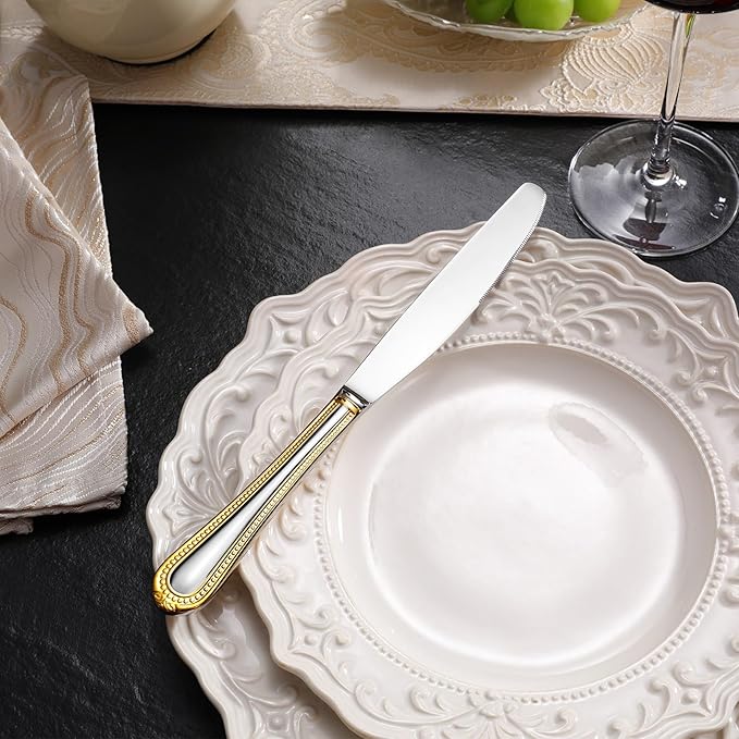 KEAWELL Pearl Edge 4-Piece Premium Dinner Knives: Stainless Steel Table Knives with a Refined Bead Design, Brightly Polished, 9.6 Inches, Dishwasher Safe. (Gold Accent)