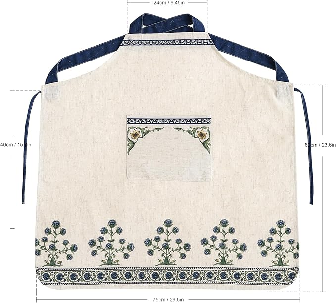 patdrea Blue Floral Linen Apron with Pocket,French Kitchen Garden Chef BBQ Aprons for Women and Men,Crisscross Back Straps