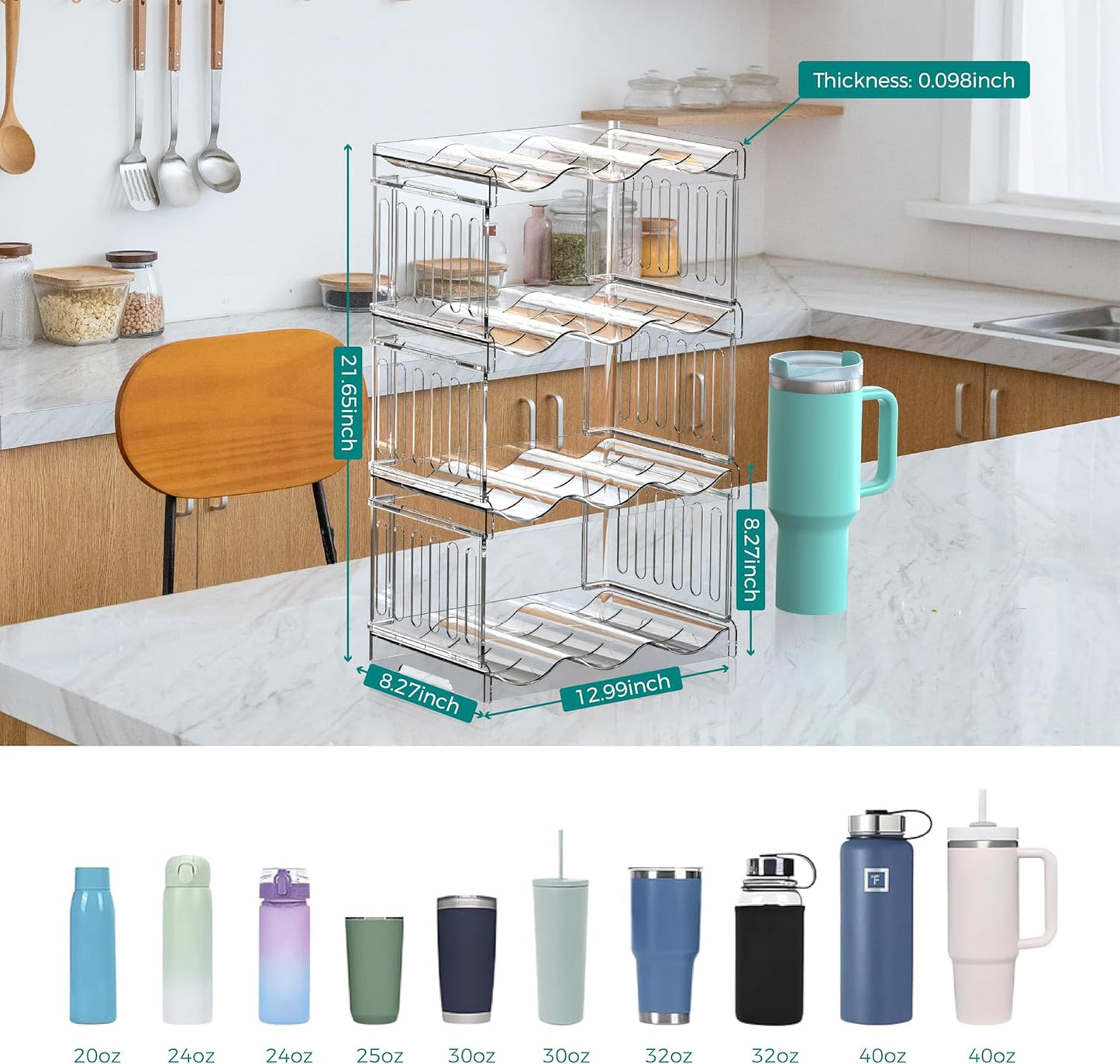Water Bottle Organizer 4-Tier Set - Heavy Duty Stackable Holder for 40oz Stanley Tumblers & Wine Bottles, Drainable Kitchen Rack, Easy to Clean (Gift Idea)