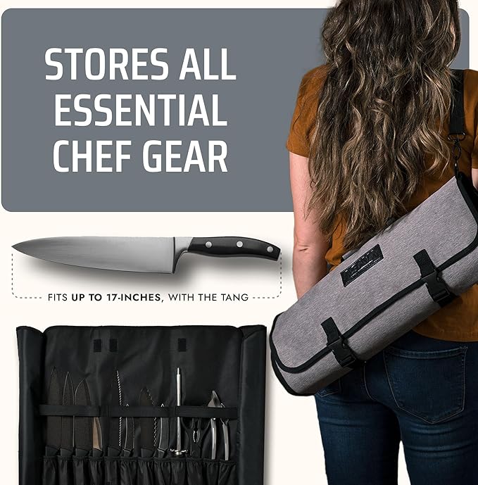 Asaya Chef Knife Roll Bag - 20 Total Pockets for Knives and Kitchen Utensils - Made with Stain Resistant Waxed Nylon - For Chefs and Culinary Students - Knives Not Included(Grey)