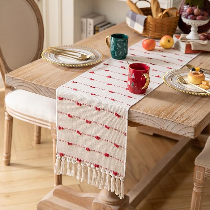 Caflife Christmas Table Runner 108 Inchs Long for Modern Farmhouse Room Home Christmas Decorations, Boho Red Table Runner, Natural Cotton Woven with Tassels for Holiday Kitchen and Dining Table Decor