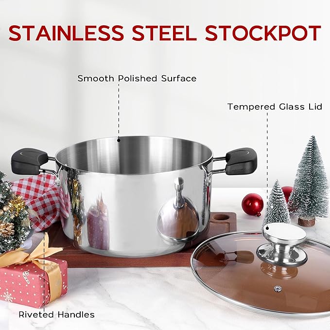 Onader 8 Quart Stock Soup Pot with Lid, 18/10 Stainless Steel Stockpot Tri-Ply Cooking Induction Pot with Stay-Cool Handles