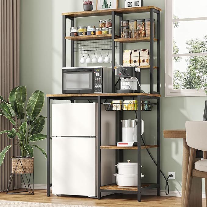 7-Tier Mini Fridge Stand with Storage, Microwave Storage Shelf with Power Outlet, Bakers Rack Stand, All in one Shelf for Dorm Kitchen Coffee Bar, Vintage Brown