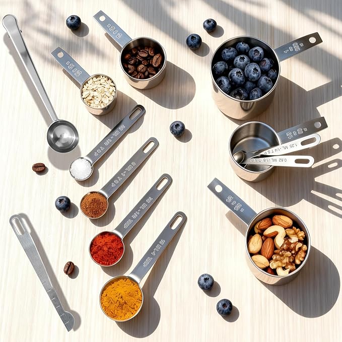 Measuring Cups & Spoons Set of 13, Stainless Steel 5 Nesting Measure Cups Set & 6 Measuring Spoons Set & 1 Leveler +1 Spoon Clip - Kitchen Baking Tools for Cooking.