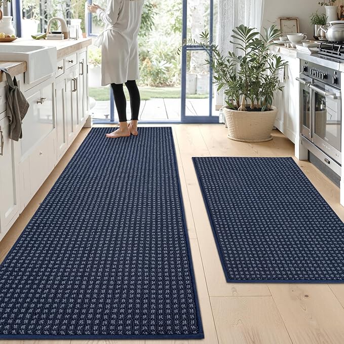 Kitchen Rugs,Non Slip Kitchen Mats for Floor-Thick Stain Resistant Kitchen Floor Mat Runner Carpet for Hallways Entryway Laundry Room Washable(24"x35"+24"x71",Navy Blue)