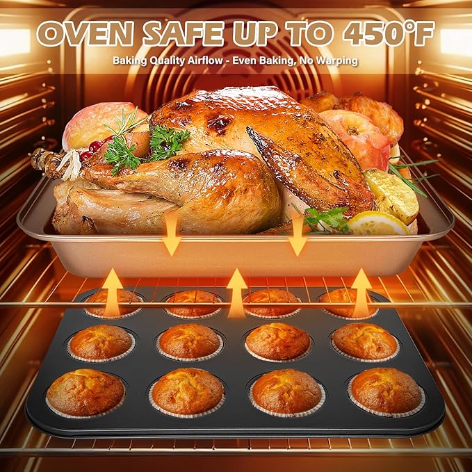15pcs Nonstick Bakeware Set with Cooling Rack & Accessories, Baking Pan Set Includes Muffin Pan, Cake Pans, Loaf Pan, Baking Sheet, Measuring Cups & Tongs – Oven Safe Metal Bakeware for Home Baking