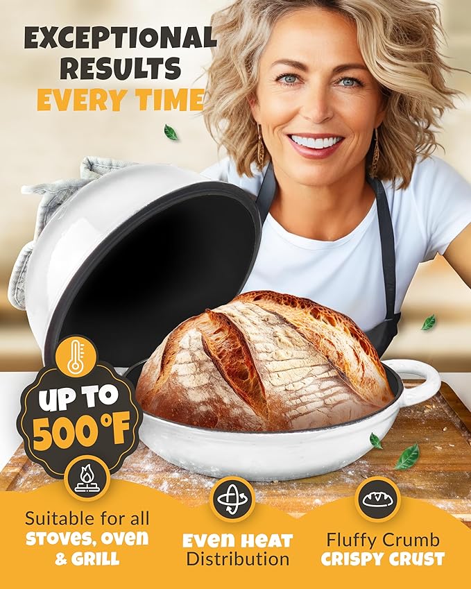 CRUSTLOVE Dutch Oven Bread Baking - 5QT Enamel Bread-Dome - incl Sourdough Bread-Baking Suppliers like Dough Whisk Scoring Lame etc Bread-Oven Cast Iron for Sour dough Bread-Pan with Lid, Bread-making