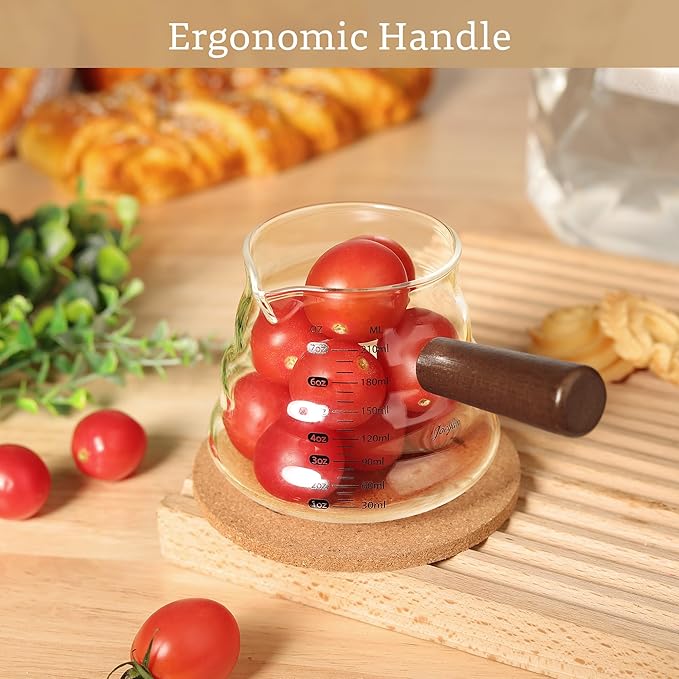 Joeyan 7 oz Glass Measuring Cup, Espresso Shot Glasses with Spout and Wooden Handle, Clear Milk Frothing Pitcher, Wave Shaped Borosilicate Espresso Bar Accessories for Coffee