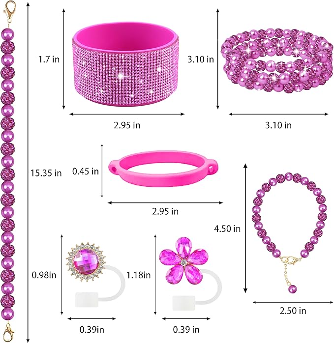 9PCS Fuchsia of Stanley Cup Accessories Set 30/40 OZ Bling Pearl Rhinestones Charms for Stanley Decorations Tumbler Accessories Including Flower Straw Topper, Rhinestones Boot 30/40 OZ