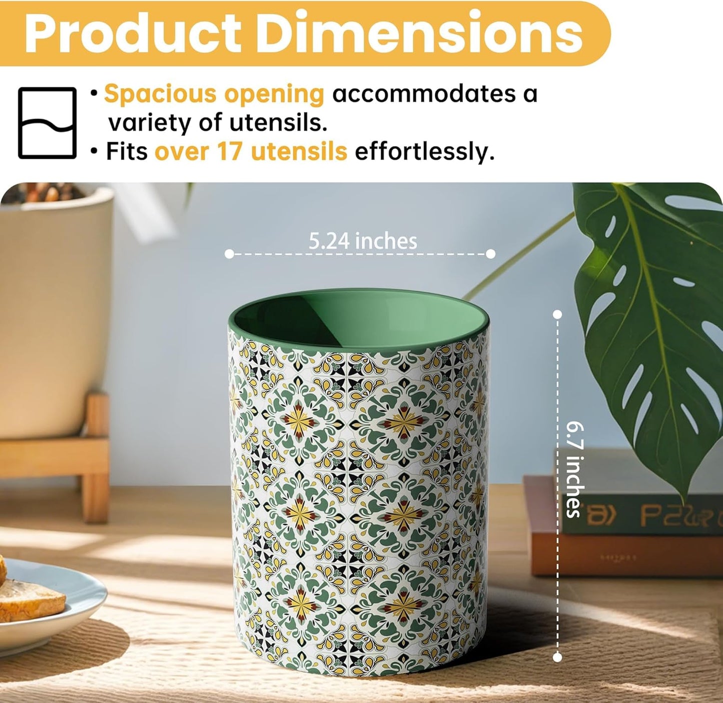 Ceramic Kitchen Utensil Holder for Countertop, Embossed Pattern Crock with Kiln-Fired Finish, Counter Organizer for Cooking Tools , Green