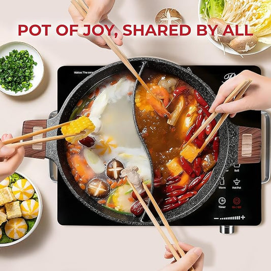 Rosewill 4.2QT Double Flavor Non-Sticking Shabu Shabu Hot Pot with Divider, 13 inch Divided Stockpot for Cooking, Hot Pot for Induction Cooktop & Gas Stove, Electric Burner - Dark Gray