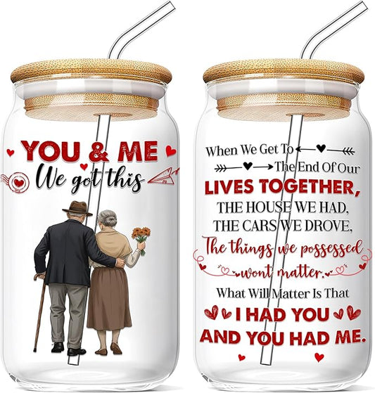 16 Oz Glass Cups with Lids and Straws You and Me We Got This Iced Coffee Cup Couple Glass Drinking Jar Beer Soda Tea Cocktail Wedding Anniversary Valentines Gift for Him Her Spouses Love