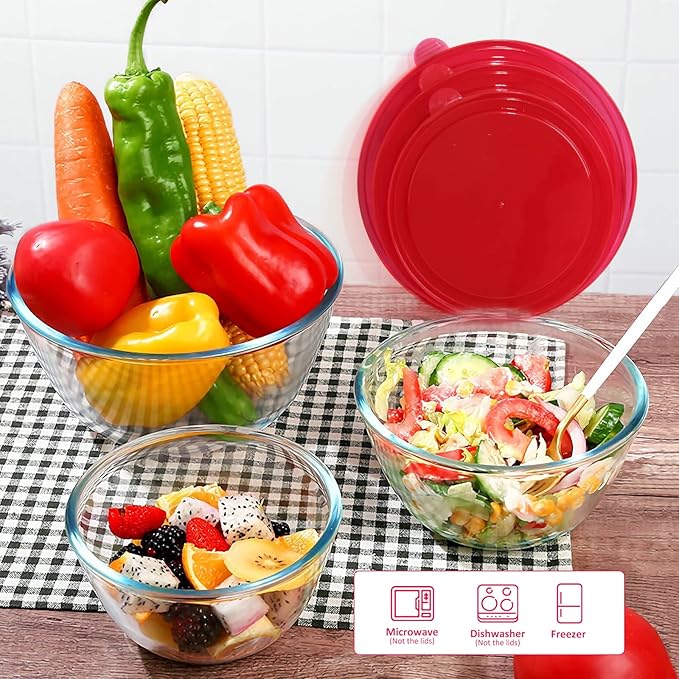 KOMUEE Glass Mixing Bowls with Lids Set, 4-Piece Nesting Kitchen Bowls for Salad, Serving, and Baking, Oven Safe Glass Bowl
