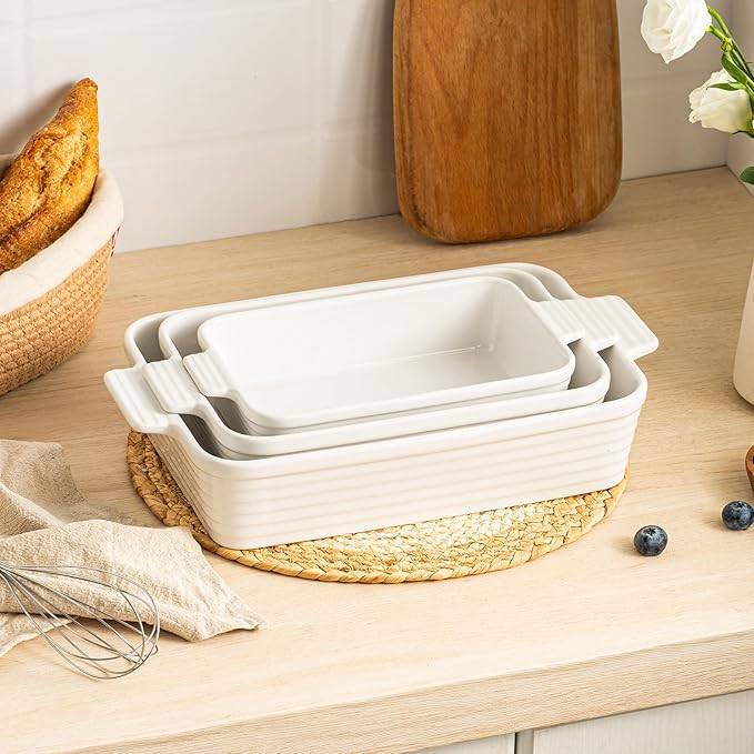 Jassceram Casserole Dishes for Oven, 3-Piece Ceramic Baking Dish Set, Rectangular Lasagna Pan Deep with Handles, Nesting Bakeware for Baking & Roasting, Oven Safe (9.6 to 13.1 Inch), White