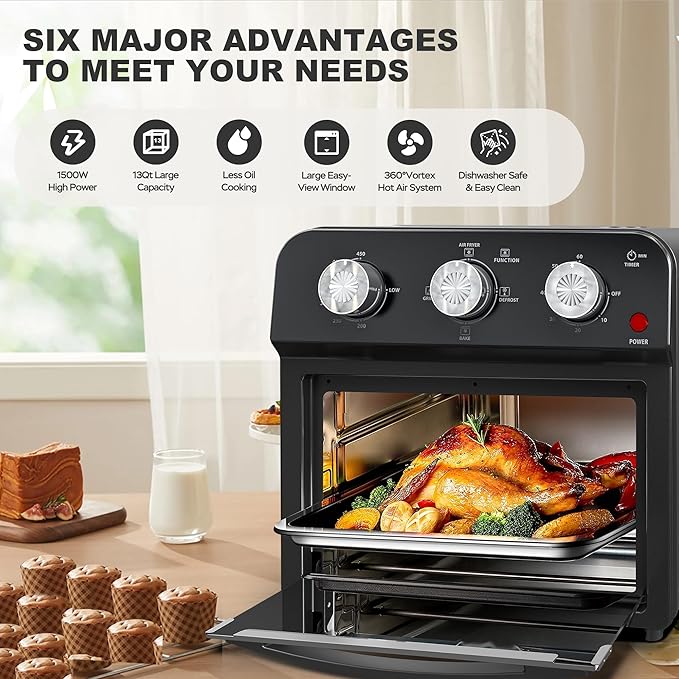 PlumChef 13 Quart 4 Slices Air Fryer Convection Toaster Oven for 3-4 Family, 1500W, Multifunction Oven for Air Fryer, Gril, Defrost, Bake, Time and Temperature Controls (Black)