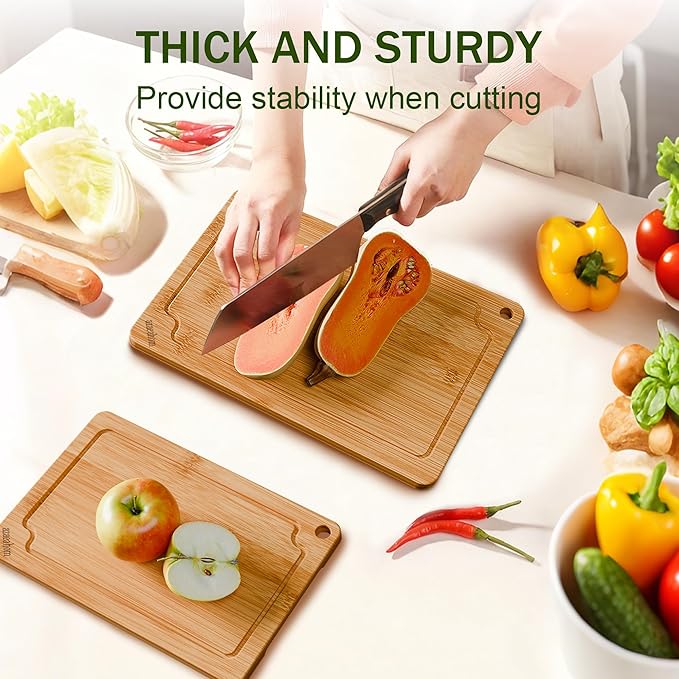 Bamboo Cutting Boards for Kitchen, 2-Piece Wood Cutting Board Set with Juice Grooves & Built-in Handles, Easy Storage & Clean Chopping Board for Meat, Vegetables, Fruit