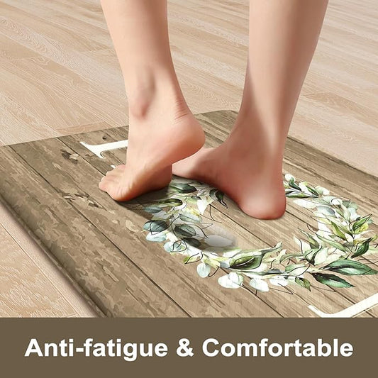 KIMODE Anti Fatigue Mats for Kitchen Floor,Farmhouse Rugs Sets of 2,Cushioned Carpet Non Slip for Laundry,Memory Foam Runner for Sink Office,Khaki 20"x47"+20"x32"