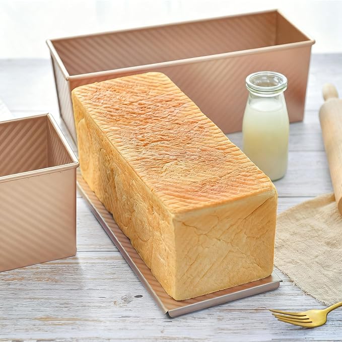 2 Ps Pullman Loaf Pan with Lid, 2.2lb Nonstick Carbon Steel Bread Pan for Sandwich & Sourdough, Rectangular Corrugated Toast for Oven Baking, Heavy Duty, Send Goods from Local Warehouse (Gold 13x4)