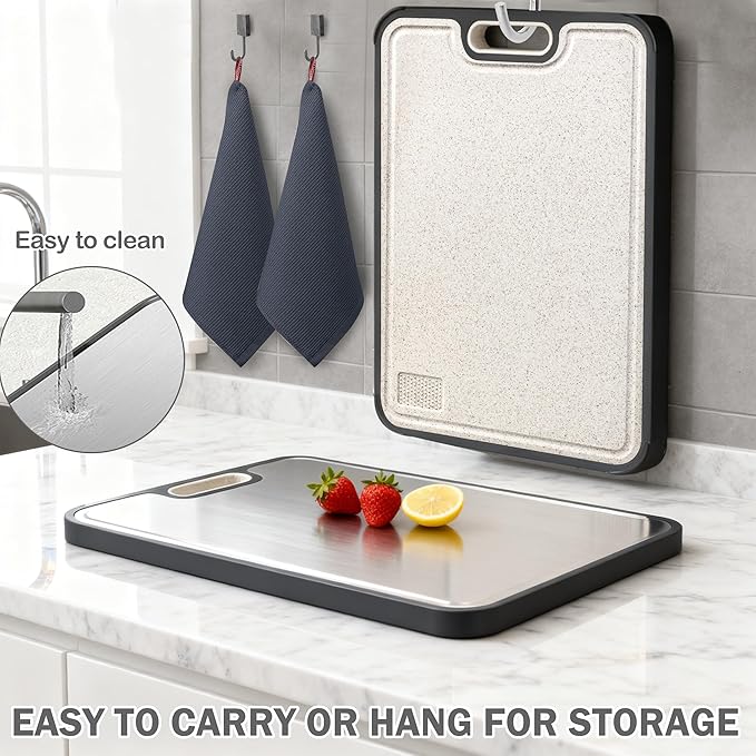 Suptikes Titanium Cutting Board,Double Sided Steel Cutting Boards for kitchen,Titannum/Wheat straw pp Large Board for meat,non toxic Chopping,16 * 11 Inch,Dishwasher Safe