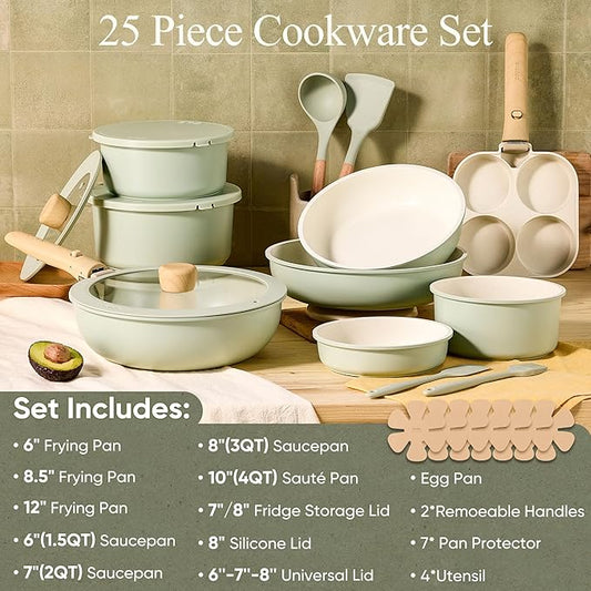 CAROTE 25pcs Pots and Pans Set Non Stick, Cookware Sets, Kitchen Set, Oven/Dishwasher/Fridge Safe, Space Saving Pots Set, Nonstick Set with Versatile Detachable Handle, Induction RV Set, Green