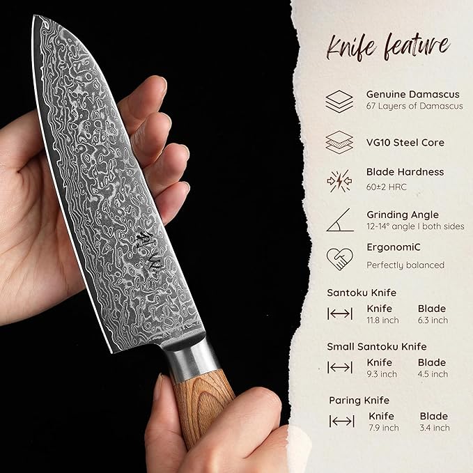 Wakoli EDIB Pro 3-Piece Damascus Kitchen Knife Set in Gift Box – Sharp Knives Set made of Genuine Damascus Steel (VG10 Core) – Santoku, Small Santoku & Paring Knife – Ergonomic Pakkawood Handles