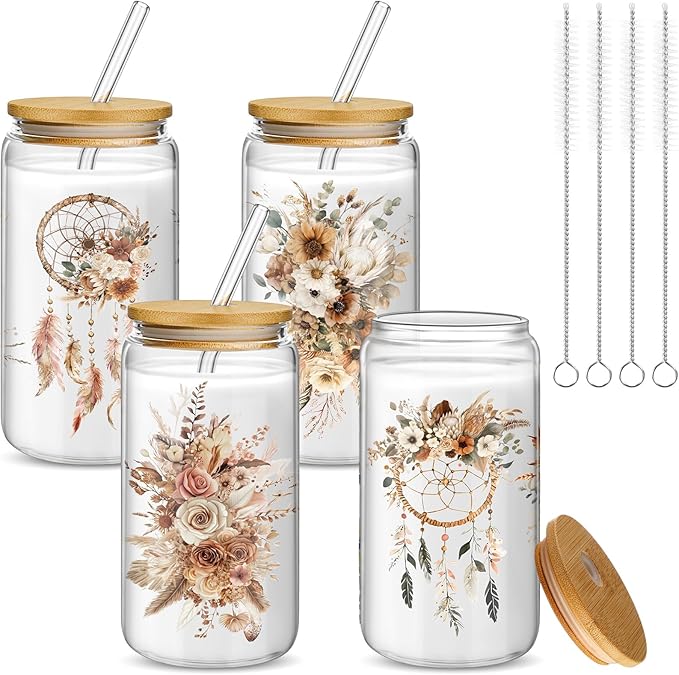Mumufy 4 Pack Boho Floral Glass Tumbler Gift Set for Bridesmaid Gifts and Bridal Showers Soft Brown Spring Style Glass Cups