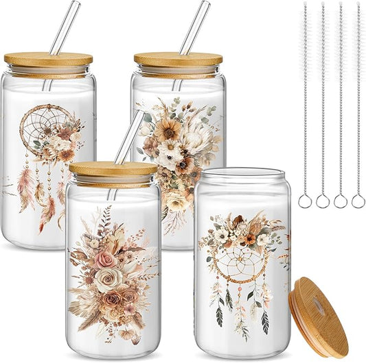 Mumufy 4 Pack Boho Floral Glass Tumbler Gift Set for Bridesmaid Gifts and Bridal Showers Soft Brown Spring Style Glass Cups