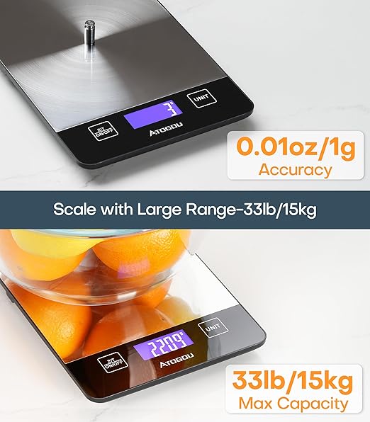 Atogou Food Scale, 33lb/15kg Rechargeable Kitchen Scale with Full-View Backlit LCD Display, Grams and Ounces, Type-C Charging, Waterproof Stainless Steel Surface for Baking, Cooking, Food Black