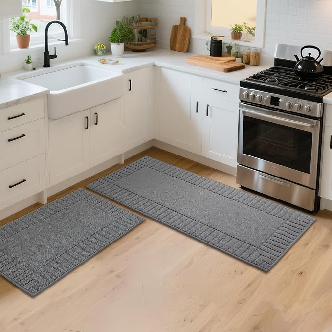 BEQHAUSE-Kitchen-Rugs-Washable-Kitchen-Mats-for- Floor Non-Slip Kitchen Mat Set of 2 Absorbent Kitchen Runner with TPR Non Skid Backing,Grey,20x30inch/20x48inch