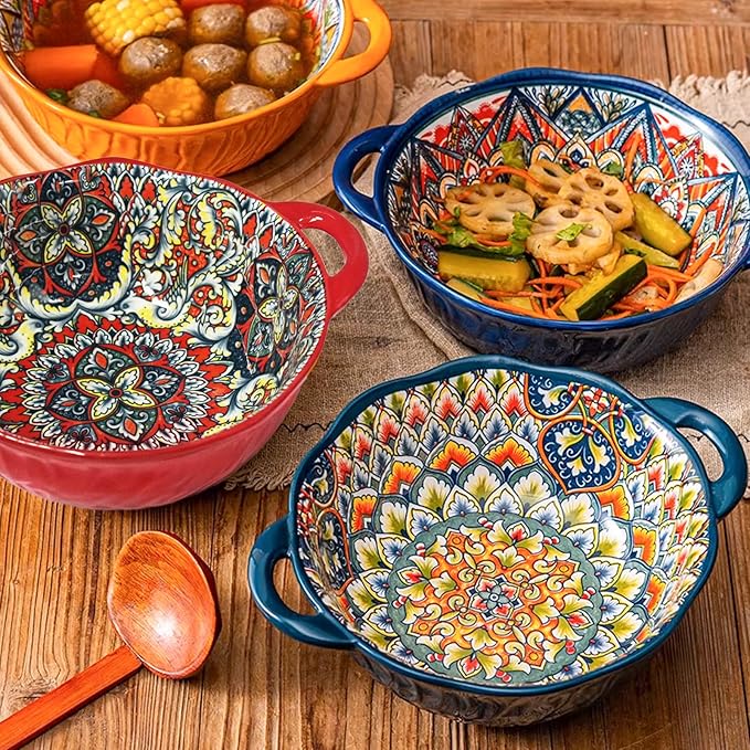 Bohemia Large Bowls with Handle, 40 oz Ceramic Soup Bowl for Salad, Pasta, Cereal,Fruit, Udon, Microwave & Dishwasher Safe (Orange)