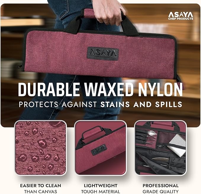 Asaya Chef Knife Roll Bag - 12 Pockets for Knives and Kitchen Utensils - Lightweight, Durable, and Stain Resistant Nylon - Perfect for the Traveling Chef - Knives not Included (Red)